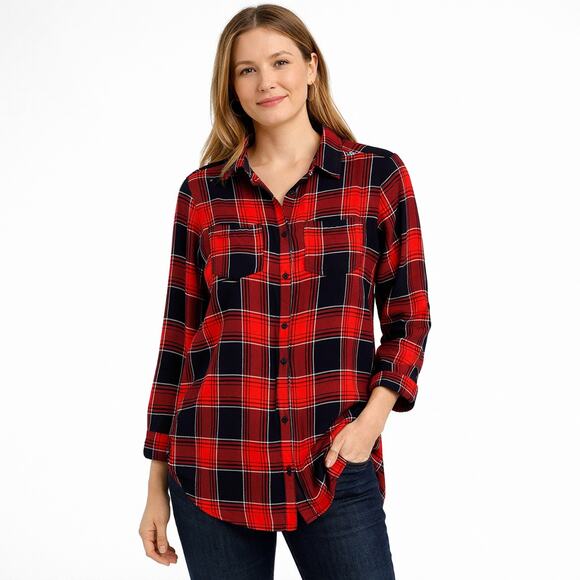 Love Notes Tops - Love Notes Plaid Red Black White Tab Sleeve Shirt Size Small